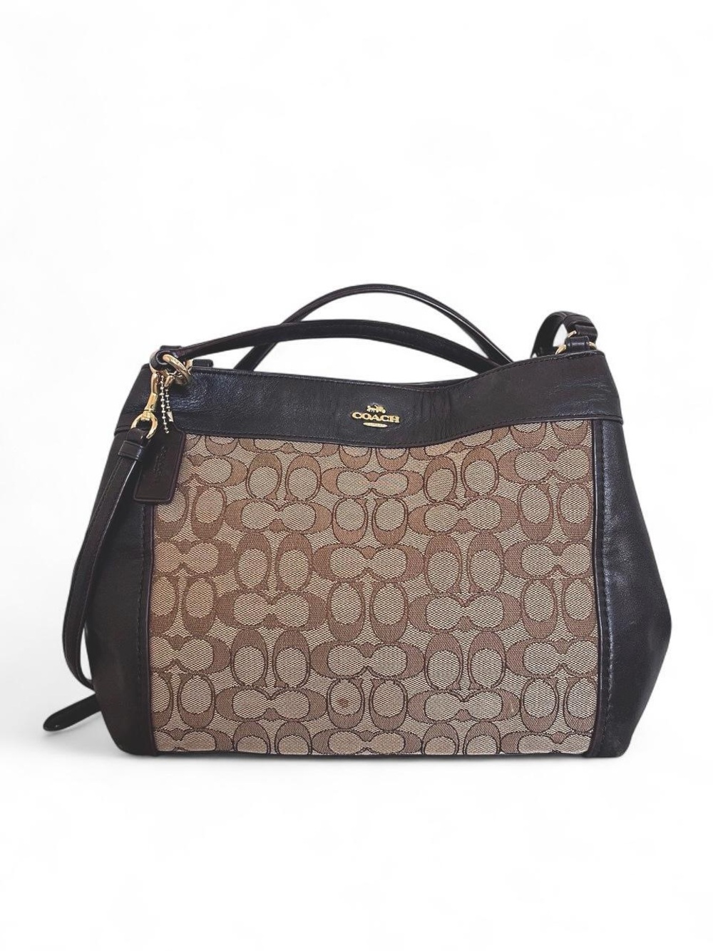 Coach Brown Signature Canvas Shoulder Bag with Dark Brown Leather Trim